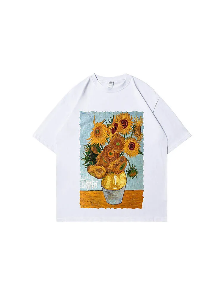 Men'S Loose T-Shirts With An Oil Sunflower Print