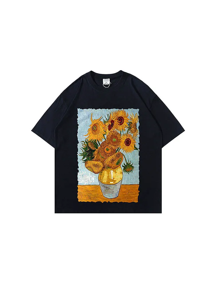 Men'S Loose T-Shirts With An Oil Sunflower Print