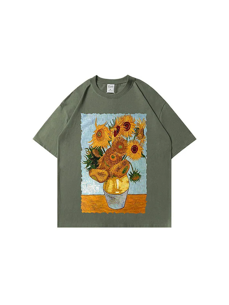 Men'S Loose T-Shirts With An Oil Sunflower Print