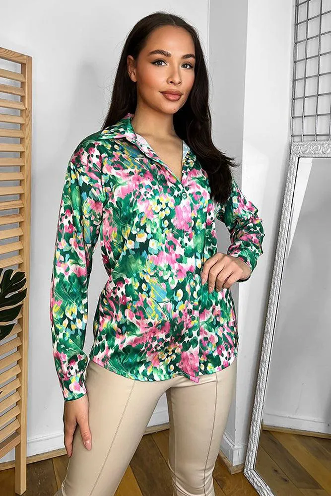 Multicolour Floral Watercolour Print Satin Shirt