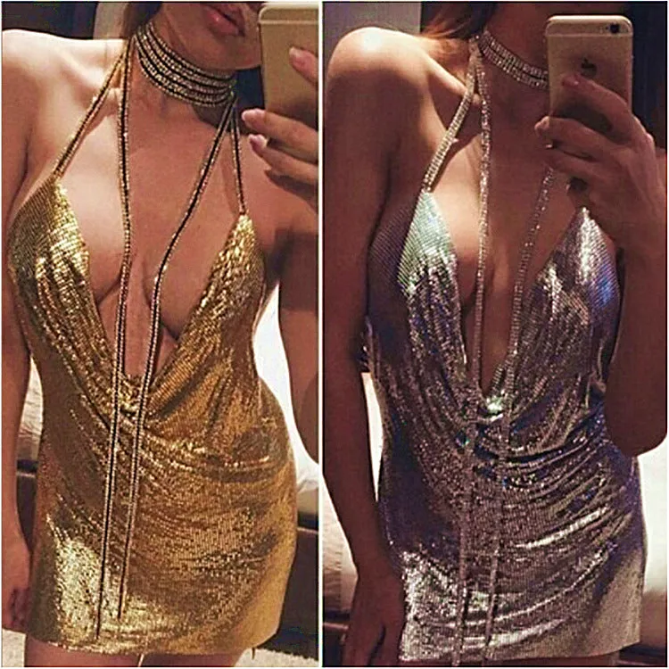 New European and American New Women's Diamond Chain Strap Dress Sexy Backless Sequined Dress Evening Dress