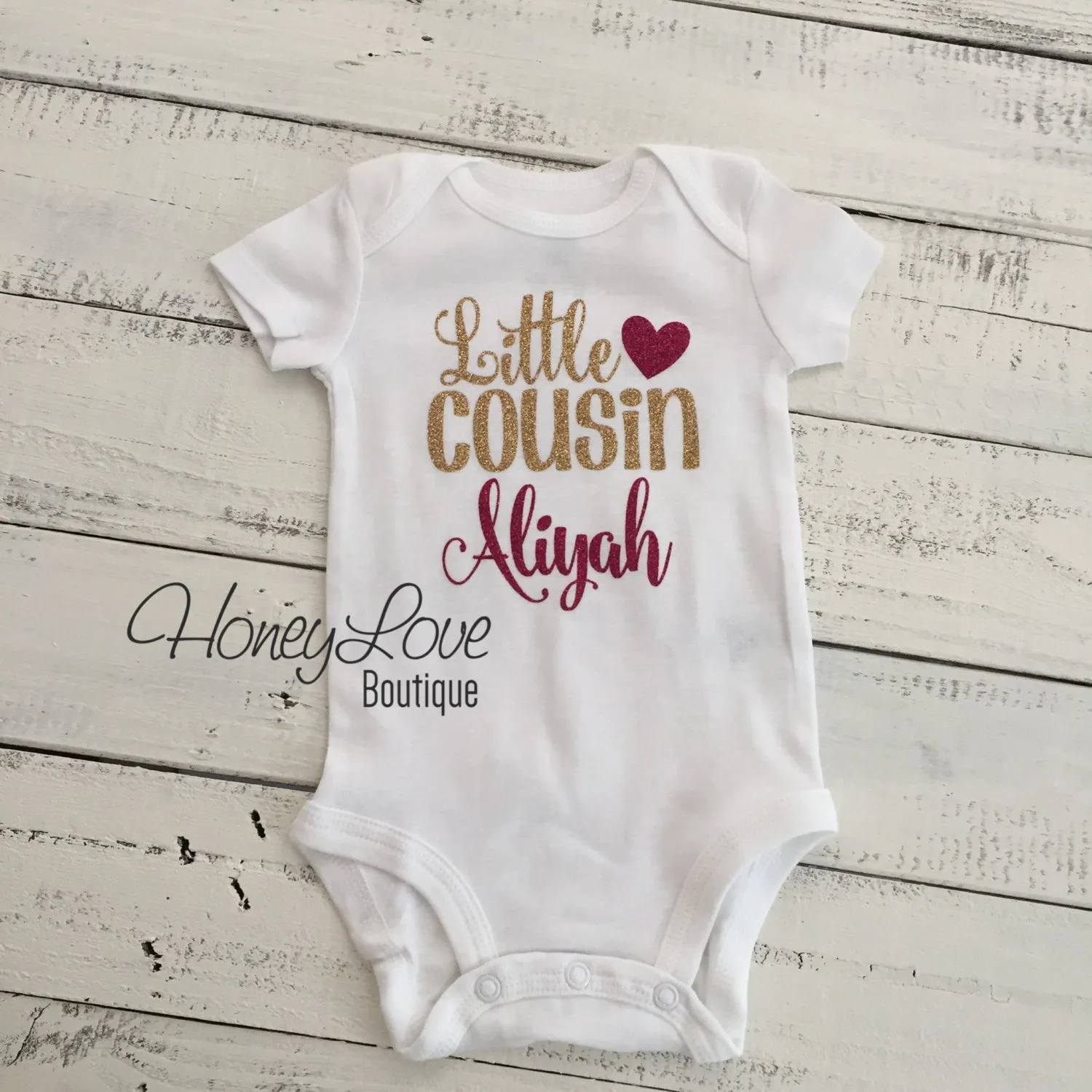 PERSONALIZED Cousin Bodysuits and Shirts - Gold Gllitter and Dark Pink Glitter