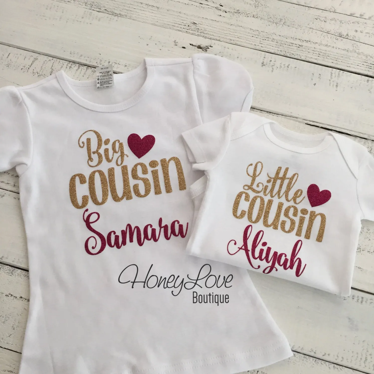 PERSONALIZED Cousin Bodysuits and Shirts - Gold Gllitter and Dark Pink Glitter