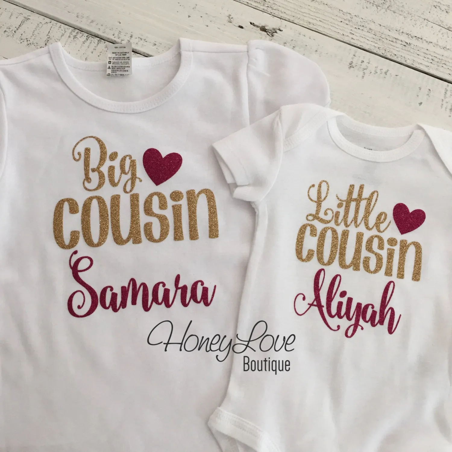 PERSONALIZED Cousin Bodysuits and Shirts - Gold Gllitter and Dark Pink Glitter