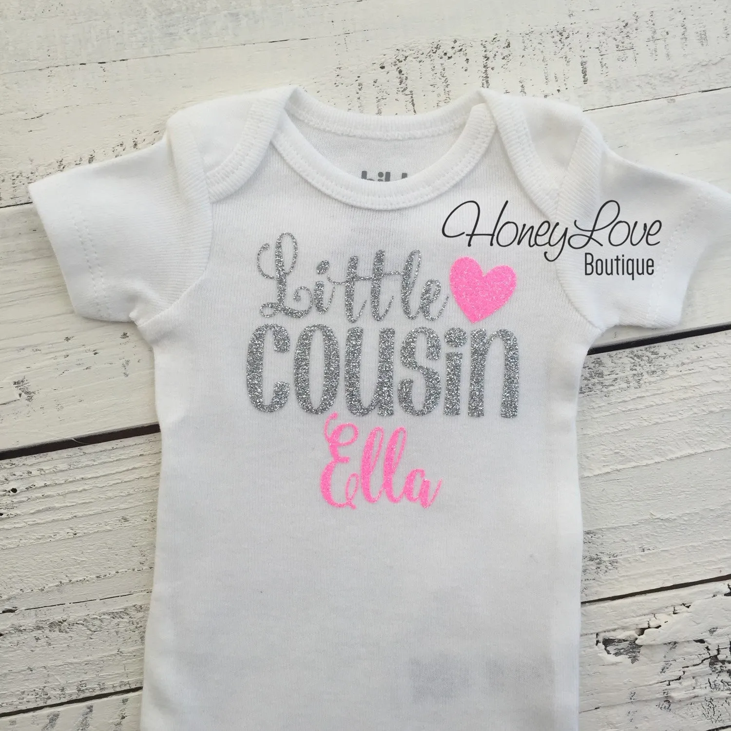 PERSONALIZED Cousin Bodysuits and Shirts - Silver Glitter and Neon Pink Glitter