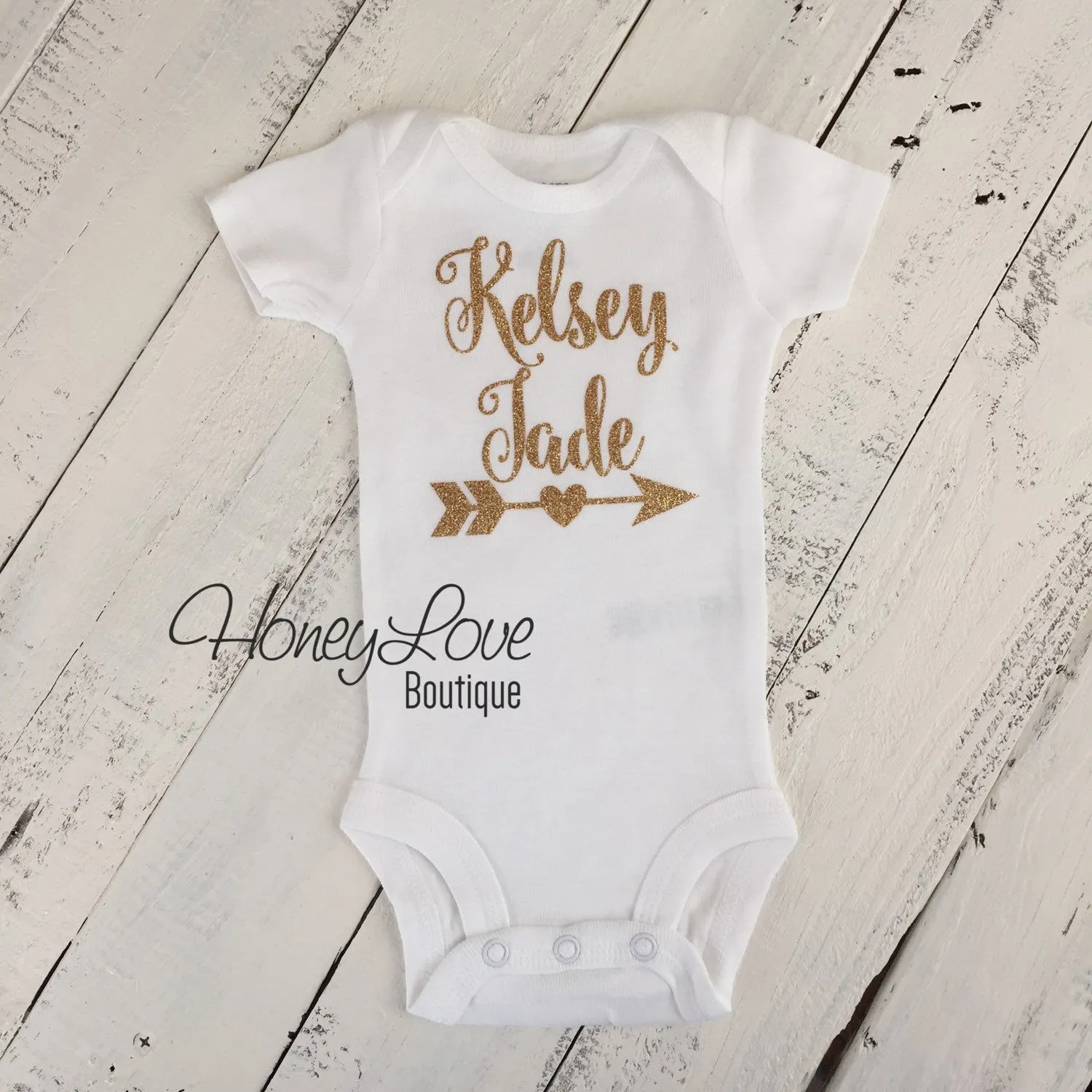 Personalized Name Arrow/Heart Bodysuit - Silver/Gold