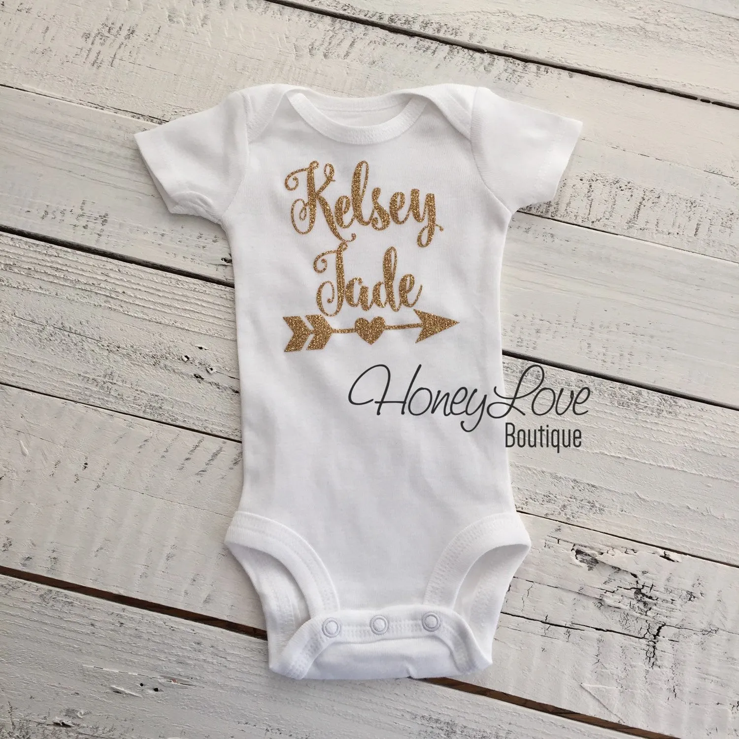 Personalized Name Arrow/Heart Bodysuit - Silver/Gold