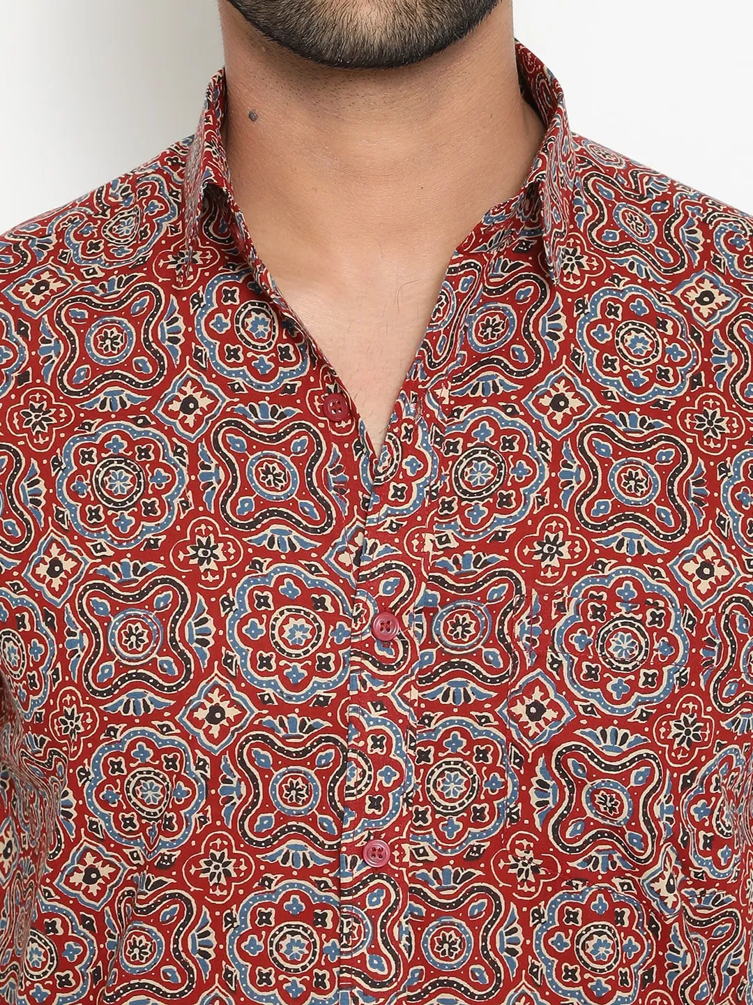 Red Cotton Short Sleeve Hand Block Printed Men's Shirt