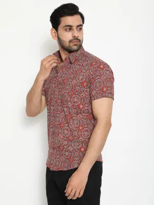 Red Cotton Short Sleeve Hand Block Printed Men's Shirt