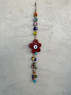 Red Flower With Glass Evil Eye Bead