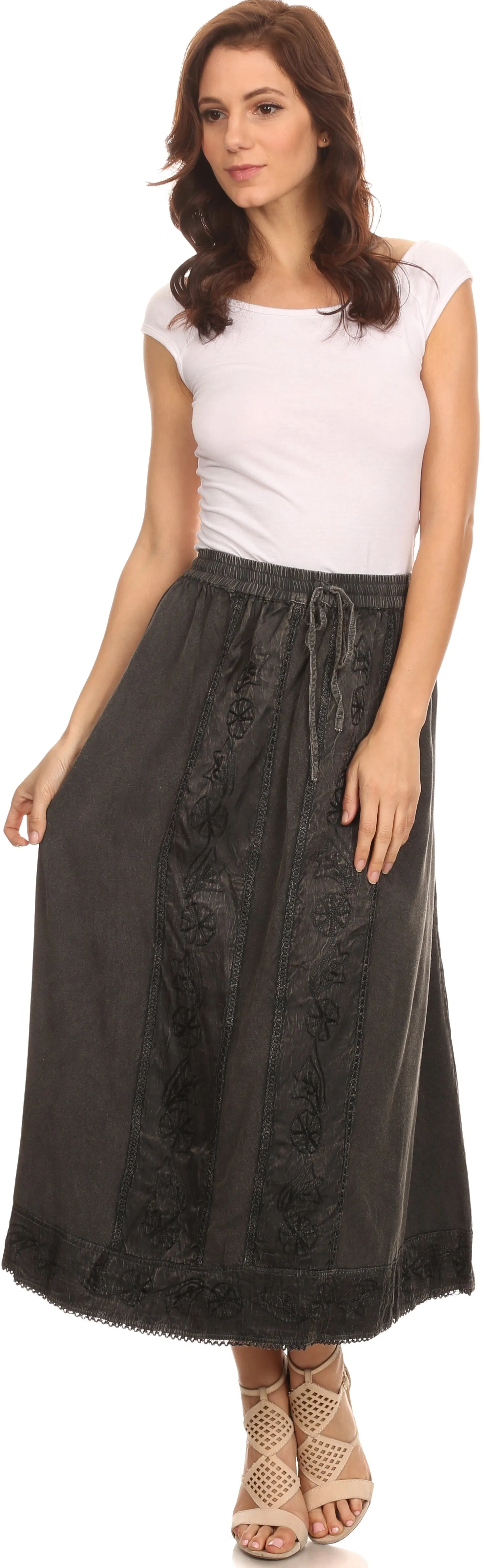 Sakkas Indra Thin Lightweight Summer Bohemian Skirt With Detailed Lace Embroidery