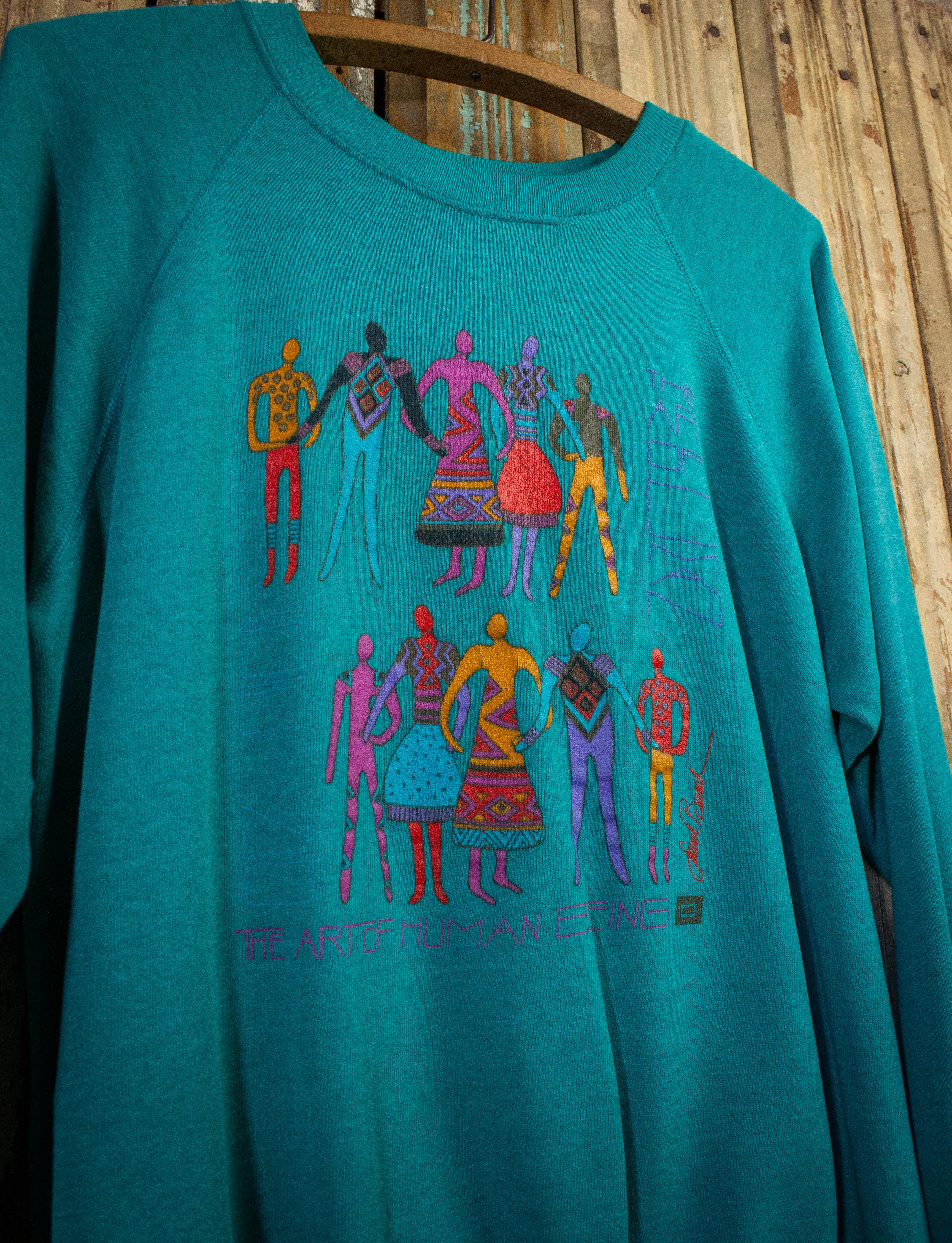 Vintage The Art of Human Beings Graphic Sweatshirt 80s Teal Large