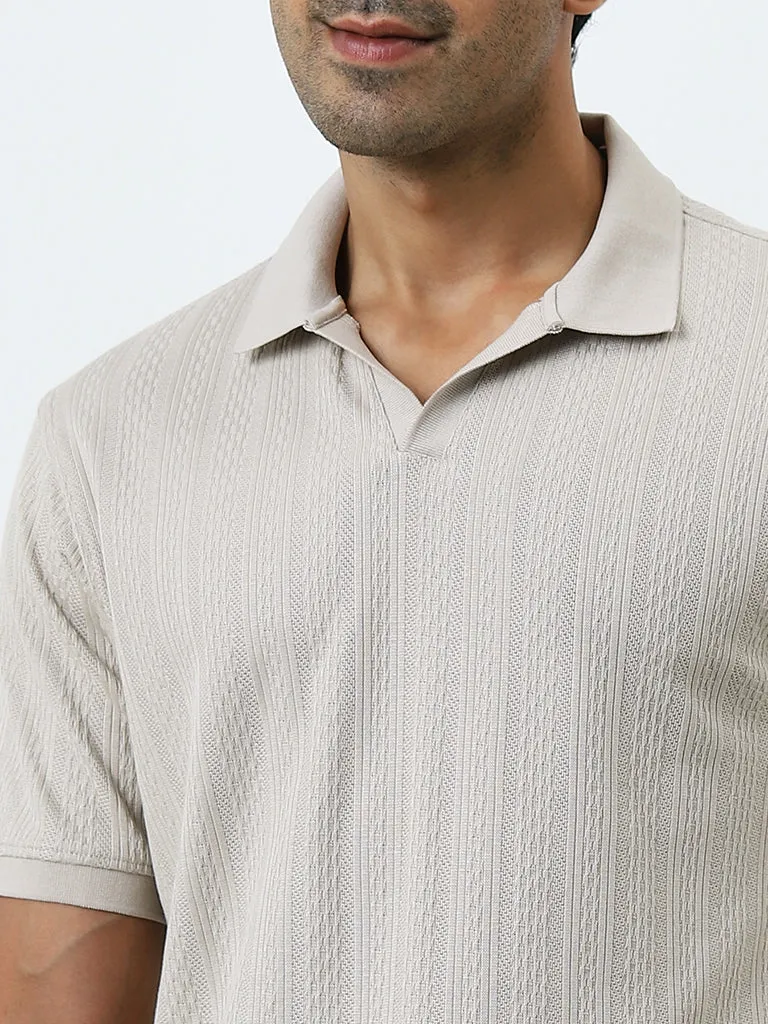 WES Casuals Beige Textured Relaxed-Fit Cotton Polo T-Shirt