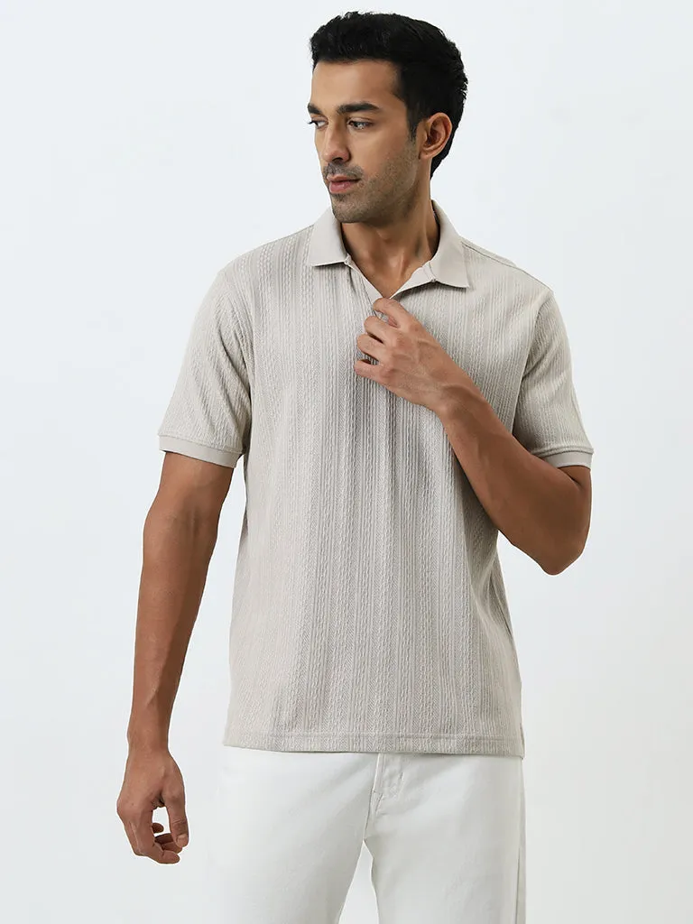 WES Casuals Beige Textured Relaxed-Fit Cotton Polo T-Shirt