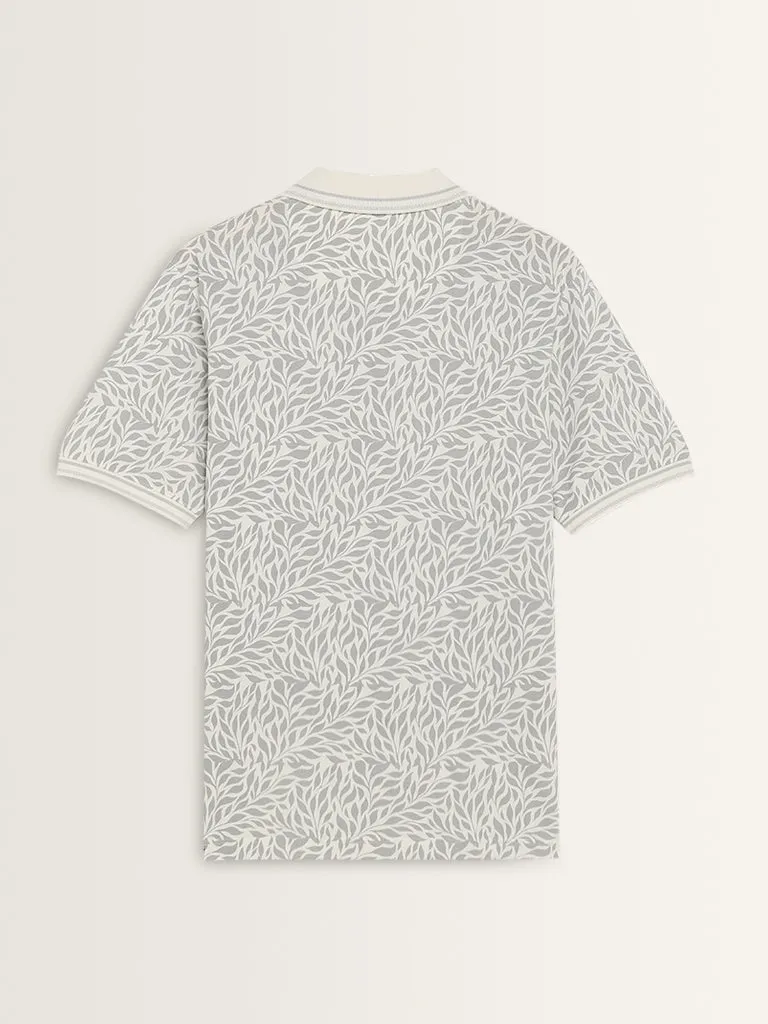 WES Casuals Grey Printed Relaxed-Fit Cotton Polo T-Shirt