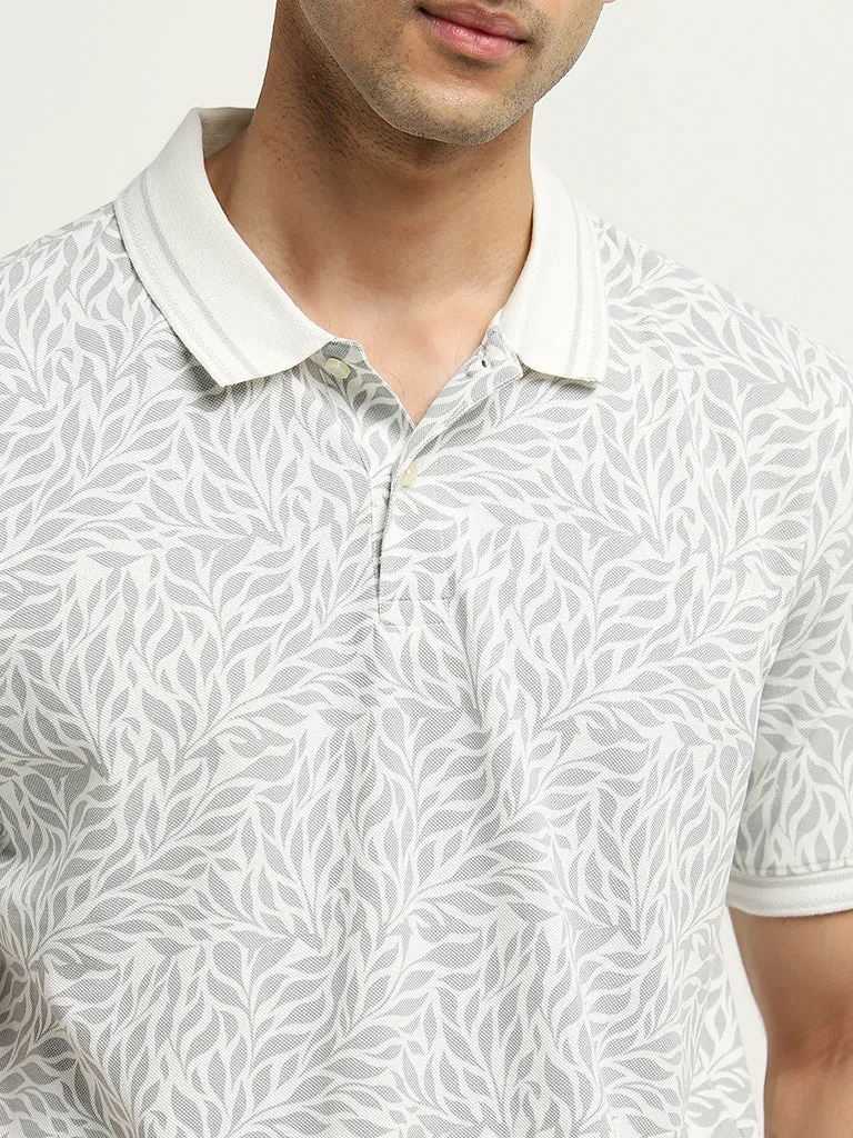 WES Casuals Grey Printed Relaxed-Fit Cotton Polo T-Shirt