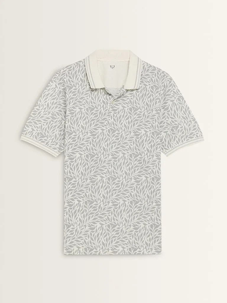 WES Casuals Grey Printed Relaxed-Fit Cotton Polo T-Shirt