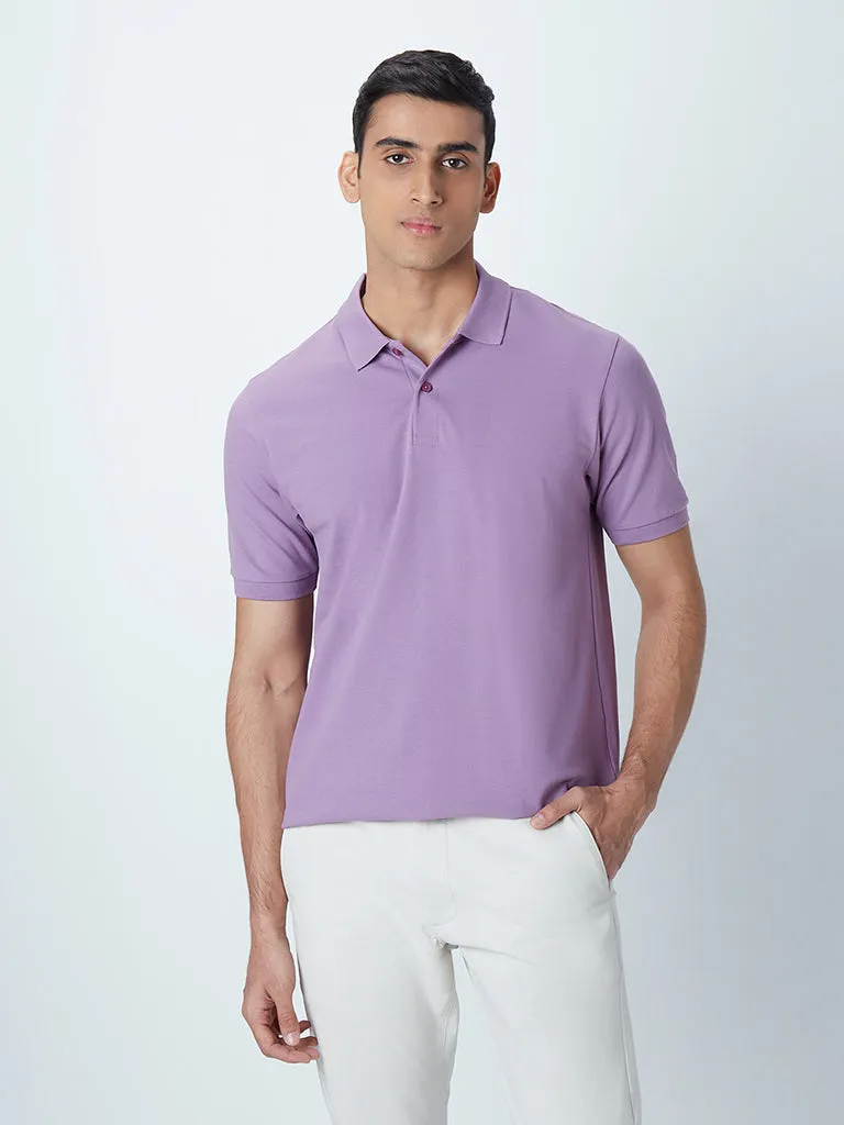 WES Casuals Lavender Cotton Blend Relaxed-Fit Polo T-Shirt