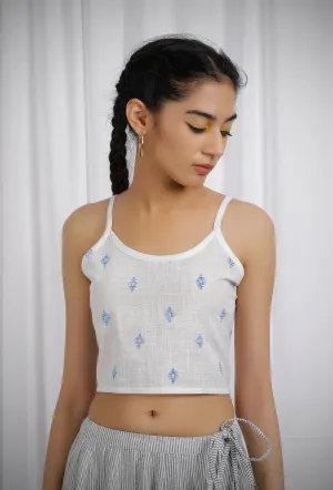 White Cotton Slub Blue Block Printed Slip Top